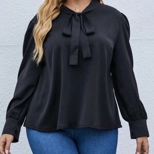 SHEIN LUNE Plus Size 3X Black Tie Neck Puff Sleeve Blouse! Brand New and Unused